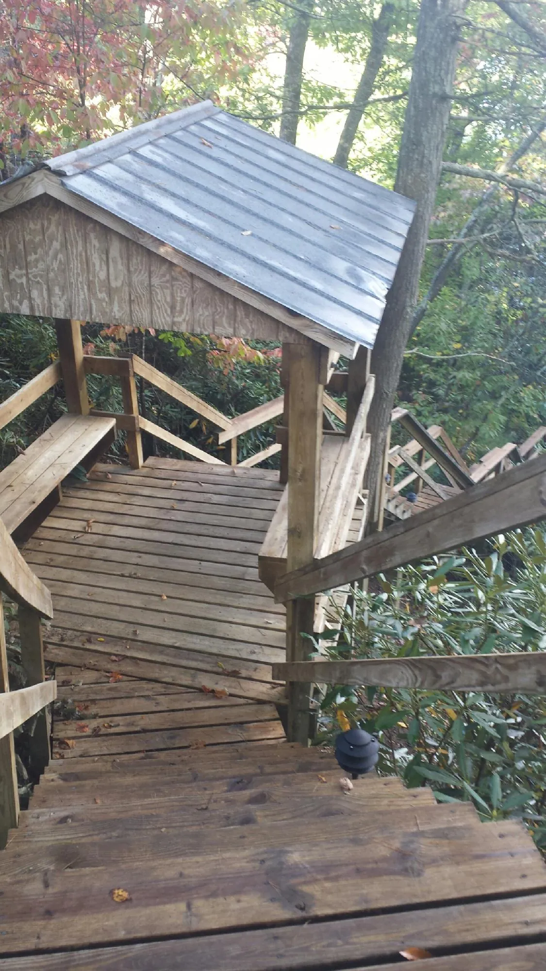 Metal roofed shelter over wooden steps on a wooded walkway — Skylight Repair & Installation work by our crew in Greenhurst